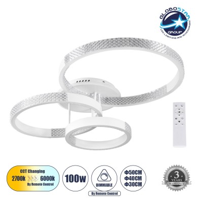 GLOBOSTAR® DIAMOND 61115 Μοντέρνο Φωτιστικό Οροφής LED 100W 12123lm 360° AC 220-240V IP20 Ρυθμιζόμενο Λευκό CCT με Χειριστήριο από 2700K έως 6000K Dimmable - Lumileds SMD Chip - Λευκό Ματ - Μ80 x Π50 x Υ20cm - 3 Χρόνια Εγγύηση